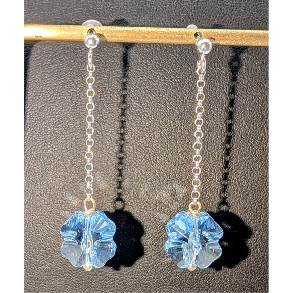 925 Sterling Silver Chain Drop Blue Crystal Flower Dangle Post Pierced Earrings - Picture 2 of 5